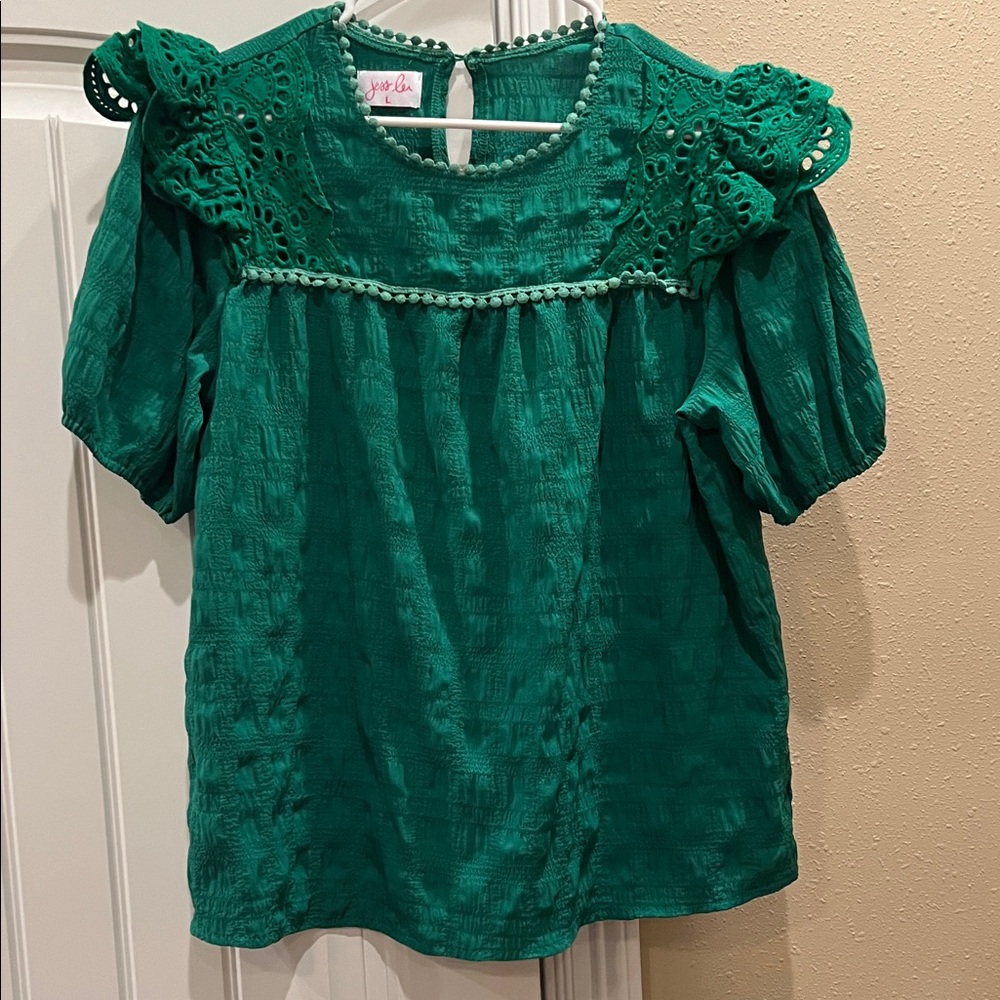 Green Lace Trim Blouse